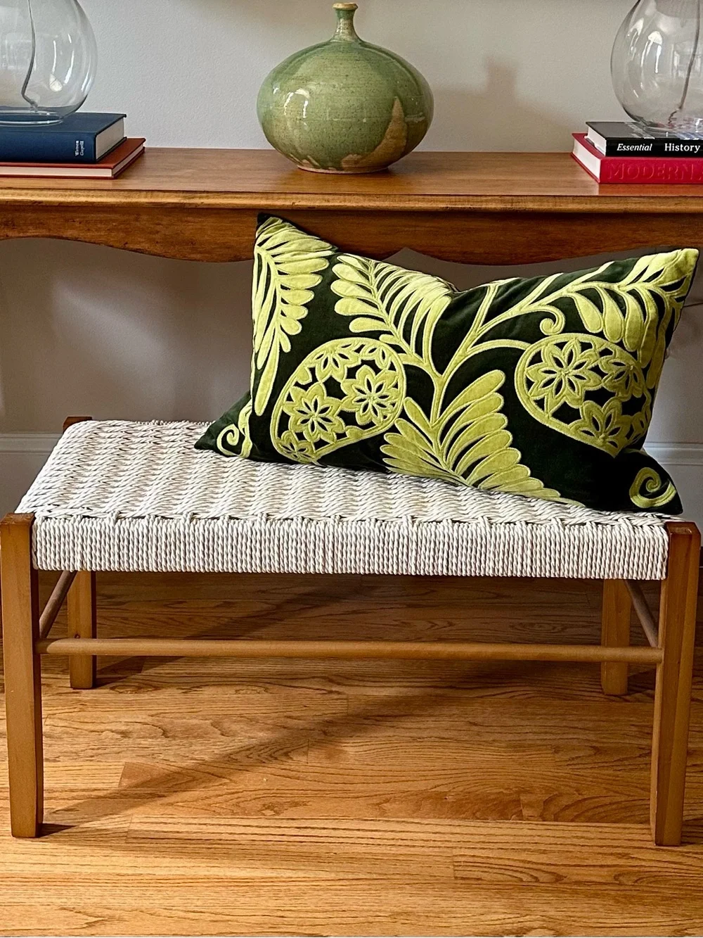 Pottery Barn Green Velvet Botanical Lumbar Pillow Cover 16 x 26